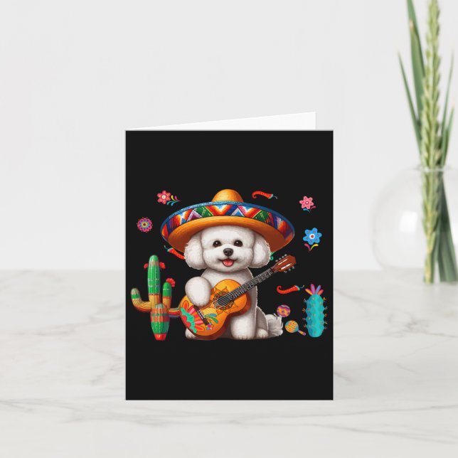 Bichon Frise Sombrero Mexikansk Gitarr Cinco De Ma Kort (Framsida)
