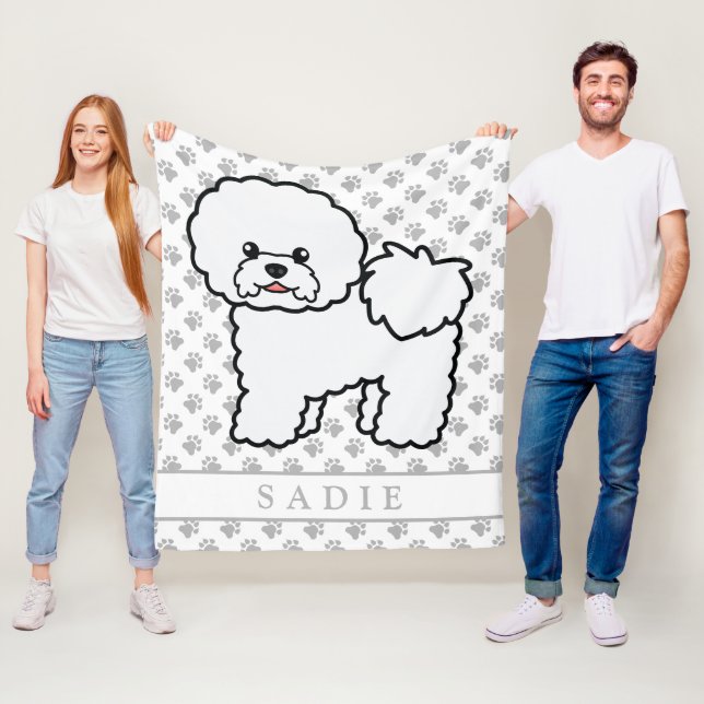 Bichon Frise Söt Tecknad Hund & Namn Fleecefilt (På plats)