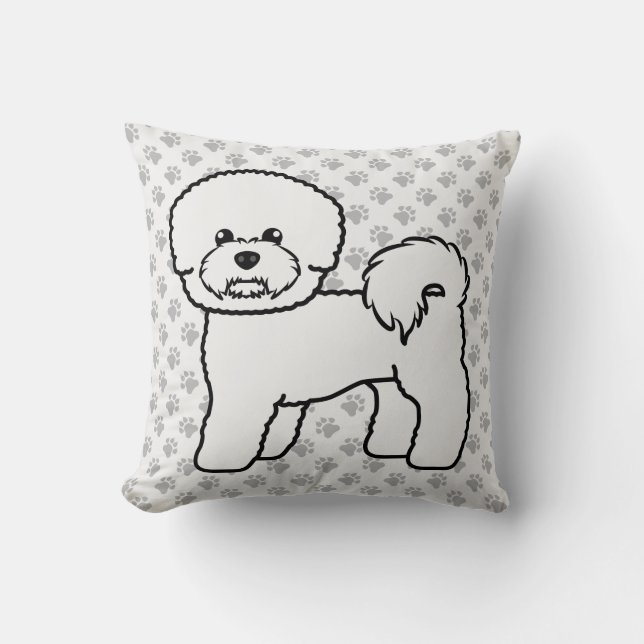 Bichon Frise Söt Tecknad Hundillustration & Tassar Kudde (Framsida)