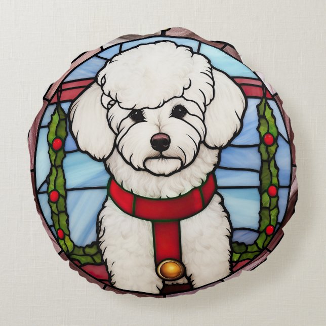 Bichon Frise Stached Glass-jul Rund Kudde (Baksidan)