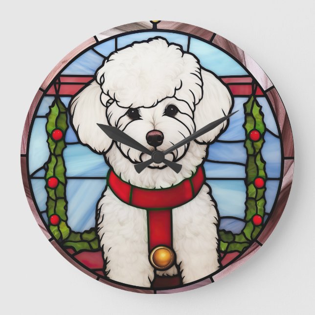 Bichon Frise Stached Glass-jul Stor Klocka (Framsida)