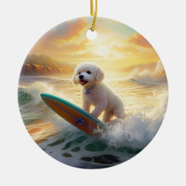 Bichon Frise Strand Surfing Målning Julgransprydnad Keramik (Framsidan)