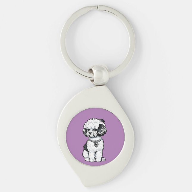 Bichon Frise Swirl Silverfärgad Nyckelring (Framsidan)