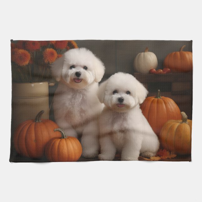 Bichon Frise Valp Höstglädje Pumpa  Kökshandduk (Horisontell)