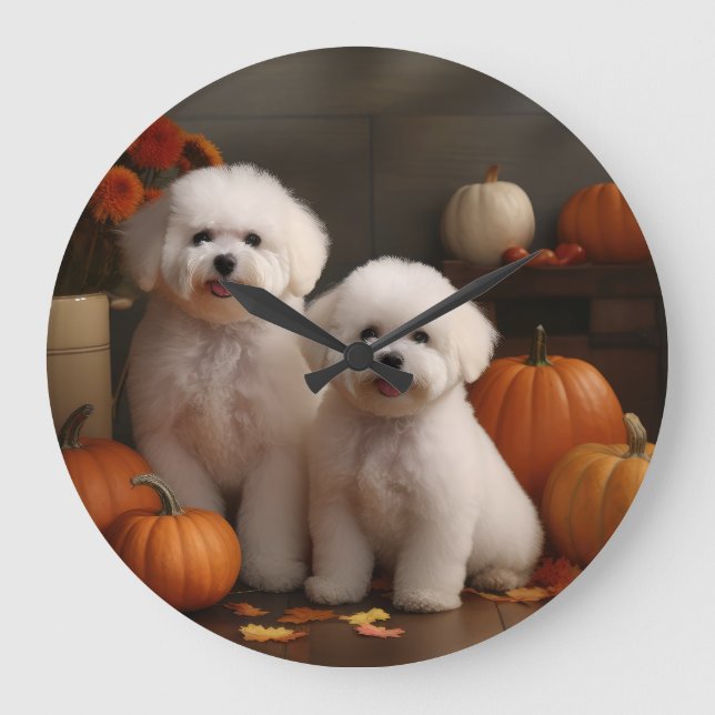 Bichon Frise Valp Höstglädje Pumpa  Stor Klocka (Framsida)