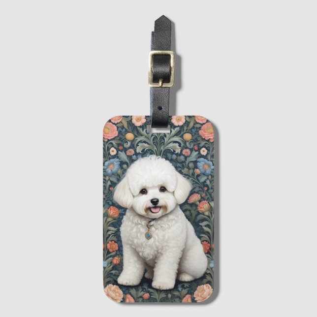 Bichon Frisé William Morris Inspired Blommigt Bagagebricka (Framsida vertikal)