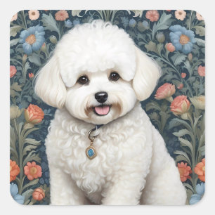 Bichon Frisé William Morris Inspired Blommigt Fyrkantigt Klistermärke