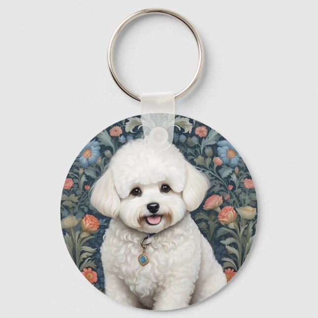 Bichon Frisé William Morris Inspired Blommigt Nyckelring (Framsida)