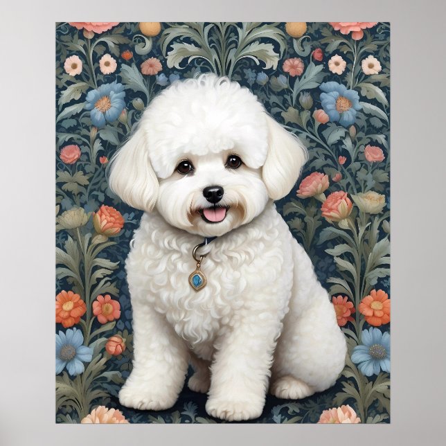Bichon Frisé William Morris Inspired Blommigt Poster (Framsidan)