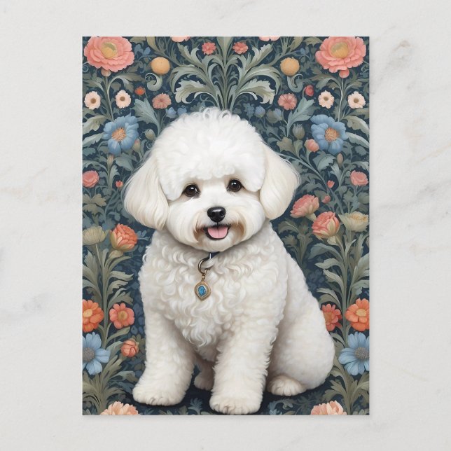 Bichon Frise William Morris Inspired Blommigt Vykort (Framsida)