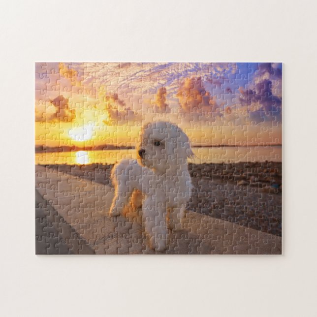 Bichon på Personligen Beach Your Pet Photo Pussel (Horisontell)