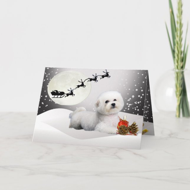 Bichon som lägger i snö med Santa fast utgift Helgkort (Framsida)