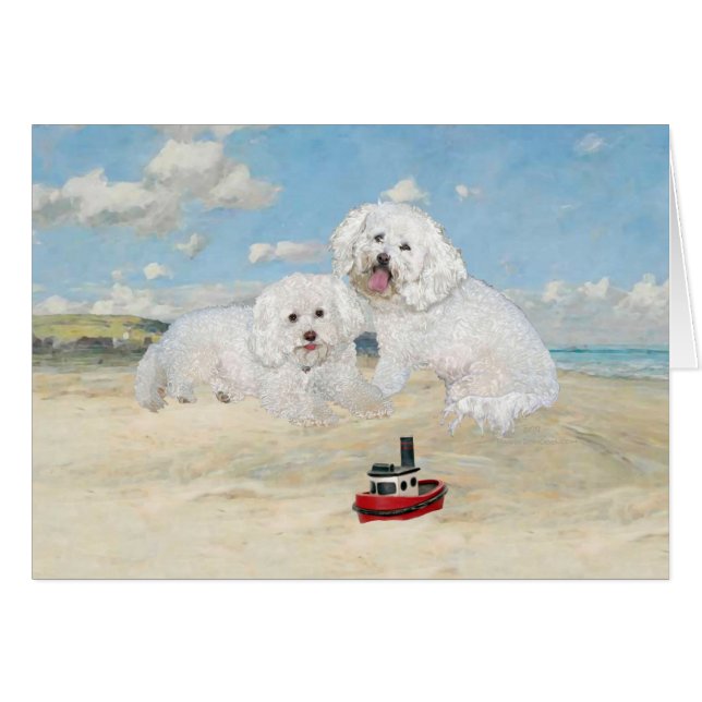 Bichons vid stranden hälsningskort (Framsidan Horizontal)