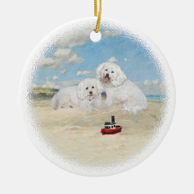 Bichons vid stranden julgransprydnad keramik (Framsidan)