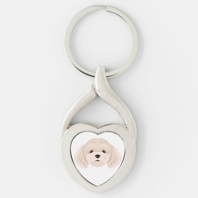 Bichpoo, Poochon, Bichon Pudel hund mix Twisted Heart Silverfärgad Nyckelring (Framsidan)