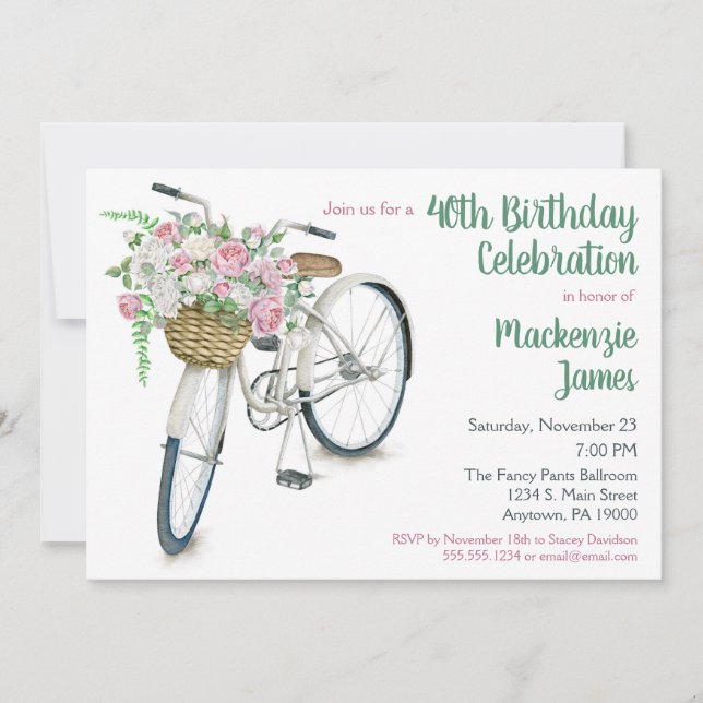 Bicycle Blommigt Birthday-inbjudan Ro Inbjudningar (Framsida)