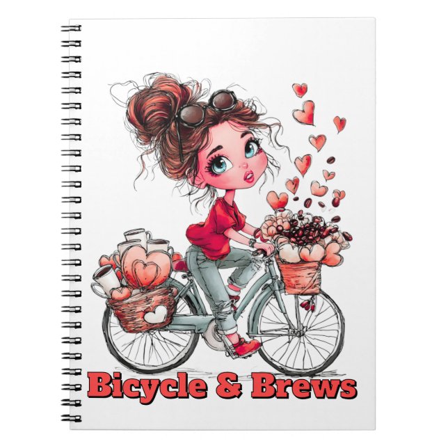 Bicycle & Brews Cute Coffee Girl Spiral Notebook Anteckningsbok (Framsidan)