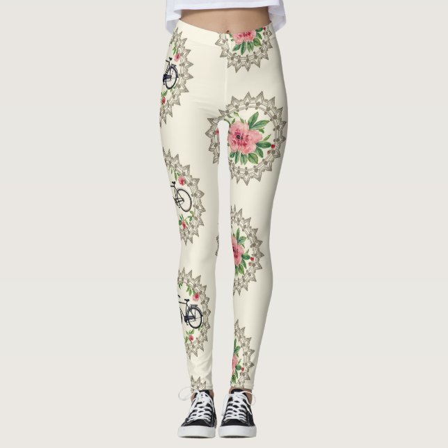 Bicycle Floral Mandalas Seamless Pattern Leggings (Framsida)