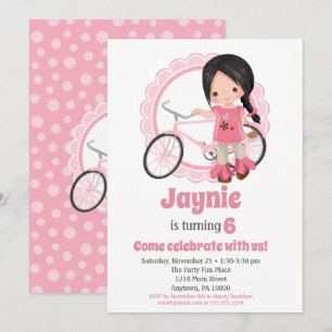 Bicycle Girl Birthday bjudande - Black Hair Inbjudningar