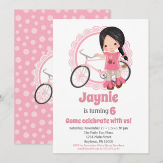 Bicycle Girl Birthday bjudande - Black Hair Inbjudningar