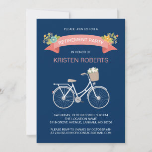 Bicycle Navy Blue Blommigt Ribbon Pension Party Inbjudningar