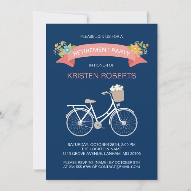 Bicycle Navy Blue Blommigt Ribbon Pension Party Inbjudningar (Framsida)