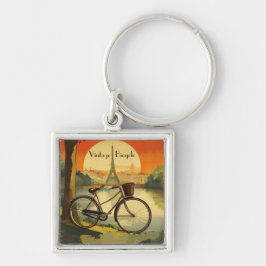 Bicycle Travel Poster, Parisanpassadet Fyrkantig Silverfärgad Nyckelring