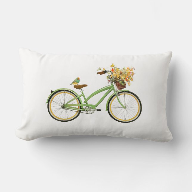 Bicycle With Bird and Flower Basket Green Yellow Lumbarkudde (Framsida)