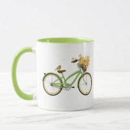 Bicycle With Bird and Flower Basket Green Yellow Mugg