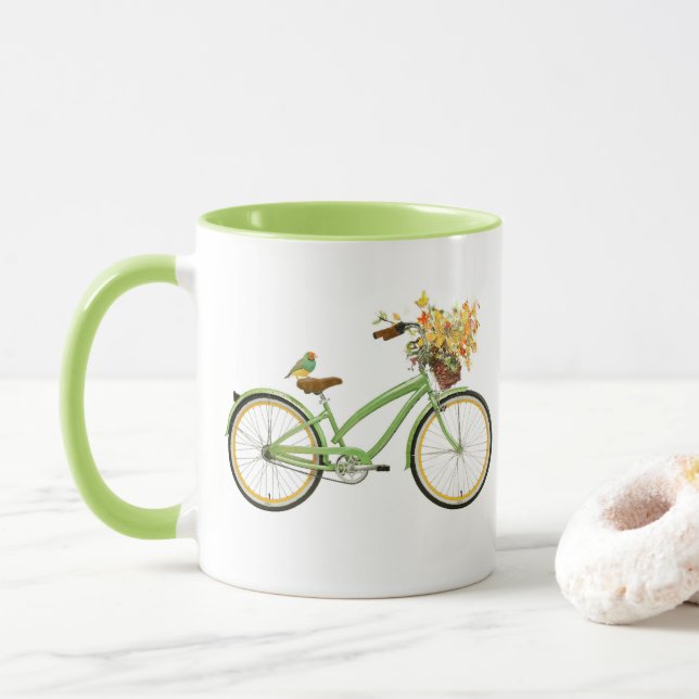Bicycle With Bird and Flower Basket Green Yellow Mugg (Med munk)