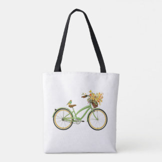 Bicycle With Bird and Flower Basket Green Yellow Tygkasse
