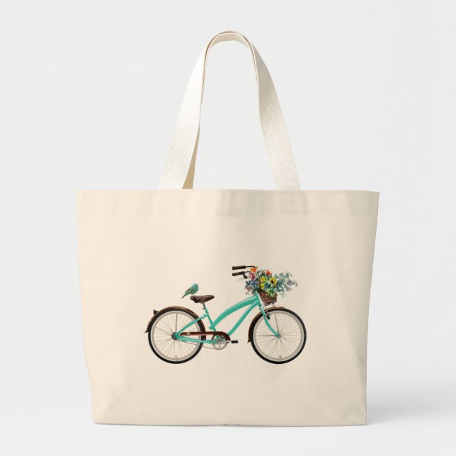 Bicycle With Bird and Flower Basket Turquoise Blue Jumbo Tygkasse (Framsidan)
