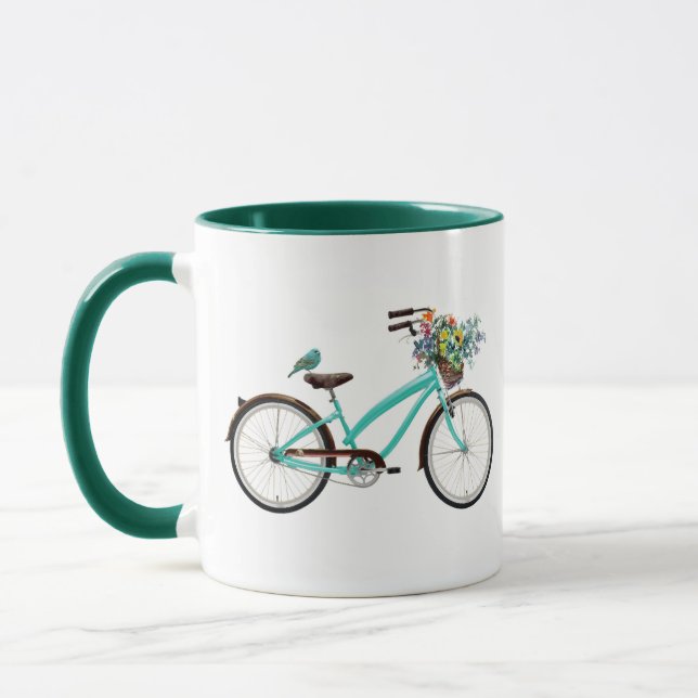 Bicycle With Bird and Flower Basket Turquoise Blue Mugg (Vänster)