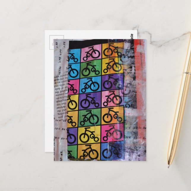 Bicycles mixed media collage vykort (Fram/Back In Situ)