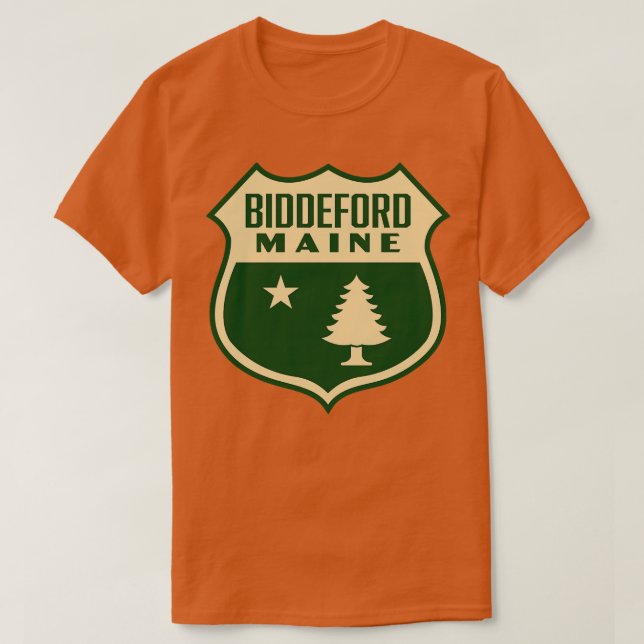 Biddeford Maine Retro Gräs Träd Shield Tan T Shirt (Design framsida)