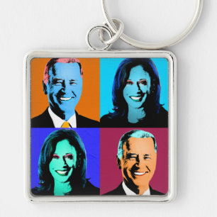 Biden Harris Pop Art (Orange, blå, Lila, röd) Fyrkantig Silverfärgad Nyckelring