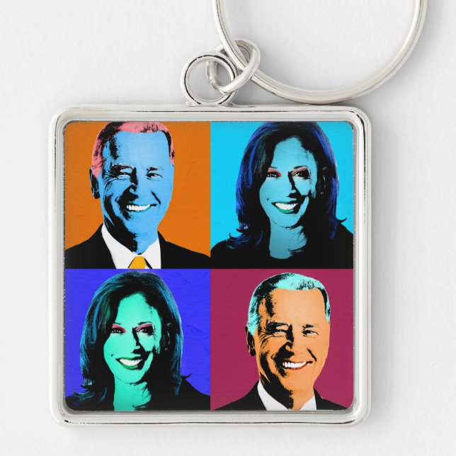 Biden Harris Pop Art (Orange, blå, Lila, röd) Fyrkantig Silverfärgad Nyckelring (Framsidan)