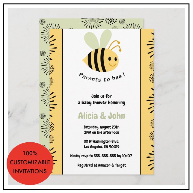 Biduschinbjudningar till kodade humlor inbjudningar (Bee baby shower invitations coed bumblebee gender neutral)