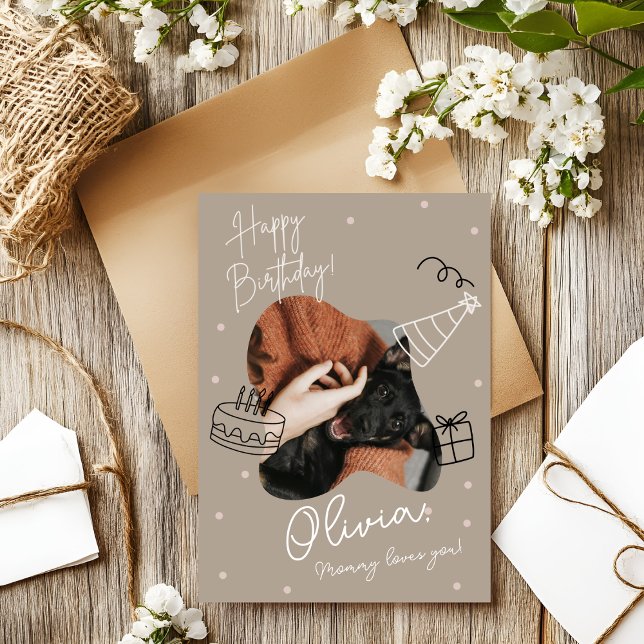 Biege Modern Pet Photo Birthday Card Inbjudningar (Skapare uppladdad)