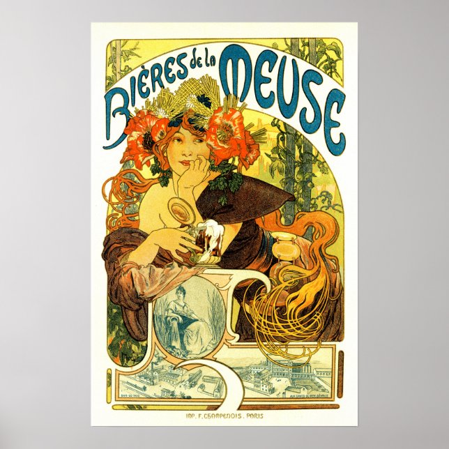 BIERES DE LA MEUSE Beer Alphonse Mucha Art Nouveau Poster (Framsidan)