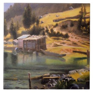 Bierstadt - Fiske- och jaktläger i Alaska Kakelplatta