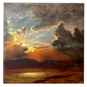 Bierstadt - Solbelysta himlar, vacker landskaps ko Kakelplatta