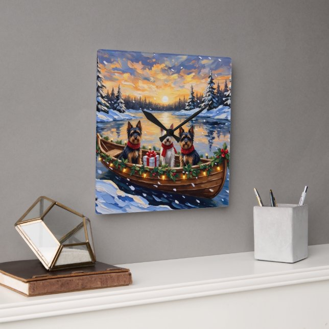 Biewer Terrier Christmas Boat Holiday Fyrkantig Klocka (Kontor)