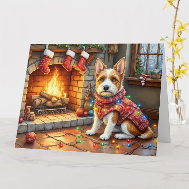 Biewer Terrier Fireplace with Christmas Lights Kort (Gul blomma)