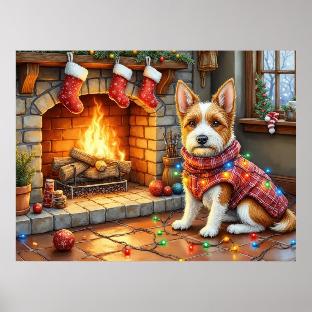 Biewer Terrier Fireplace with Christmas Lights Poster (Framsidan)