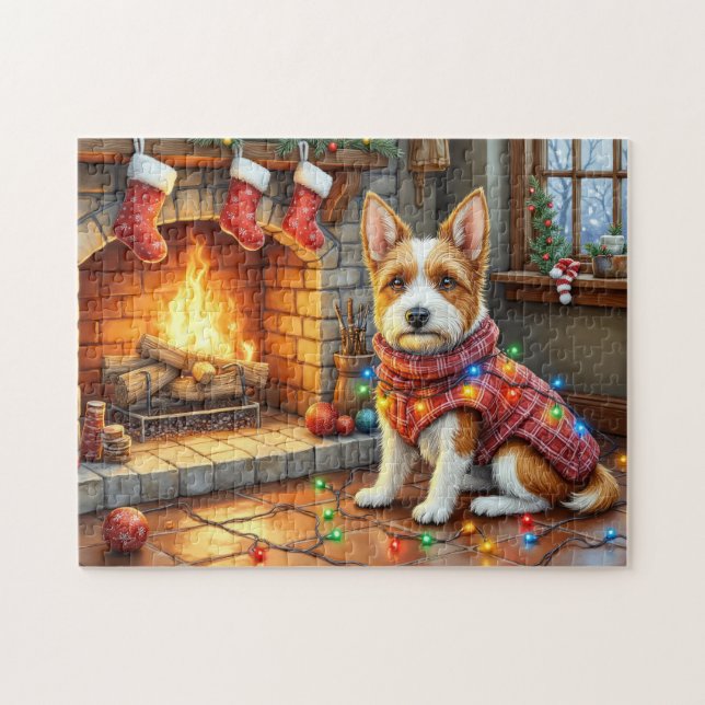 Biewer Terrier Fireplace with Christmas Lights Pussel (Horisontell)