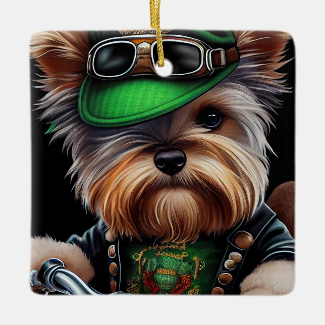 Biewer Terrier Hund Driving Bike St. Patrick's Day Julgransprydnad Keramik (Framsida)