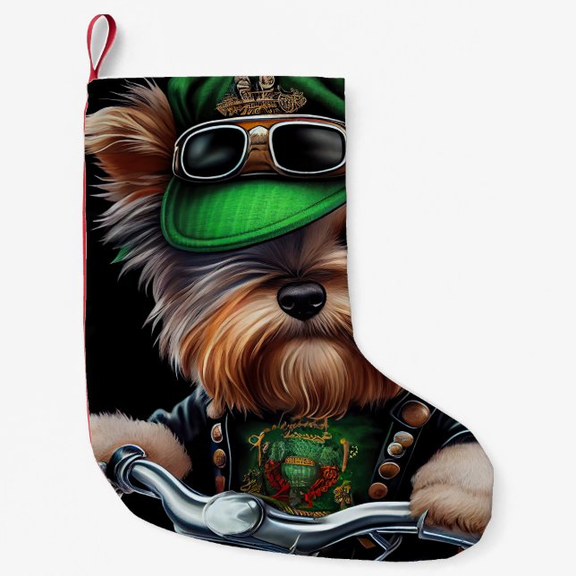 Biewer Terrier Hund Driving Bike St. Patrick's Day Liten Julstrumpa (Framsidan)
