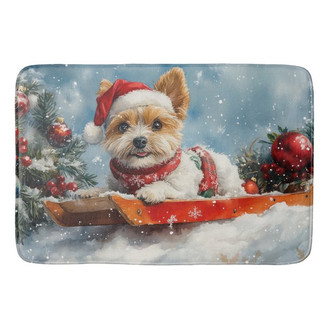 Biewer Terrier Hund i Släd Låt det Snöa Jul Badrumsmatta (Framsidan)
