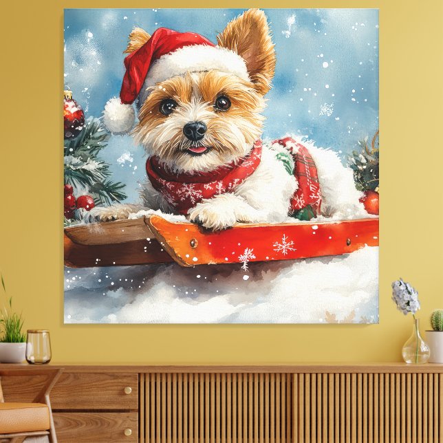 Biewer Terrier Hund i Släd Låt det Snöa Jul Canvastryck (Insitu (Vardagsrum))